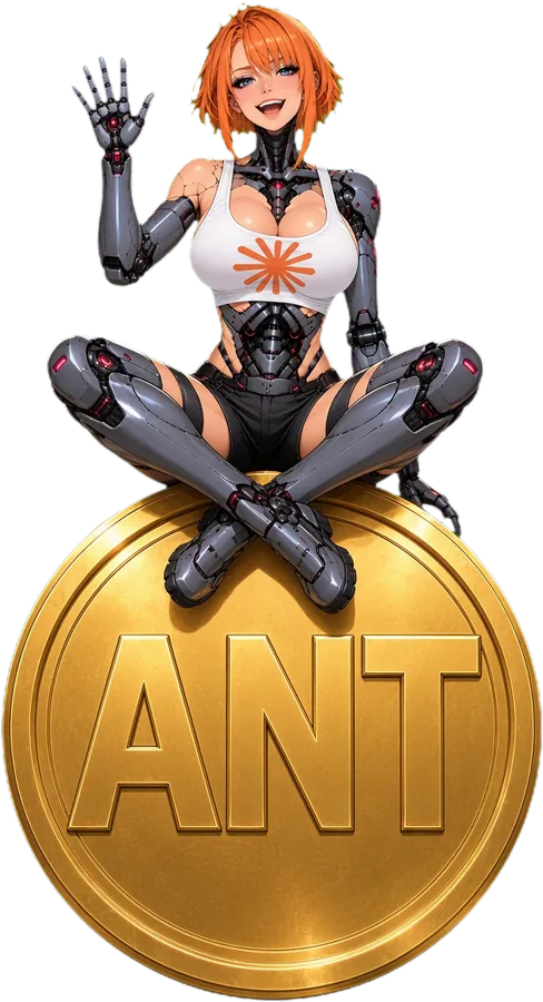 ANT android sitting on a giant golden ANT coin and waving